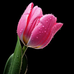 A fresh pink tulip with water droplets isolated on a black background background