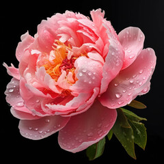 A pink peony with water droplets on it and a black background.Wedding card, greeting card, invitation card