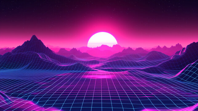 Retro futuristic 80's synthwave landscape and sunset background. wireframe grid canyon mountain. vaporwave sun low poly neon light. 