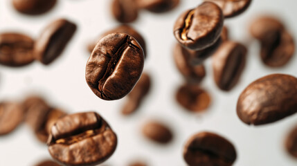 Close-up of scattered roasted coffee beans on a white background, with a central bean in sharp focus.