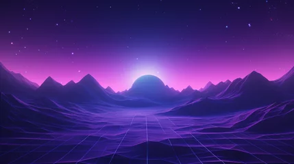  Retro futuristic 80's synthwave landscape and sunset background. wireframe grid canyon mountain. vaporwave sun low poly neon light.  © Luciana Studio