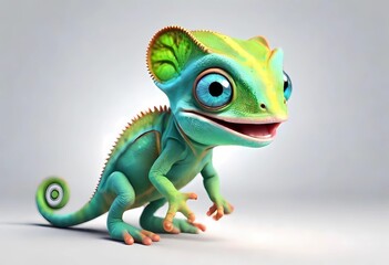 A Adorable 3d rendered cute happy smiling and joyful baby chameleon cartoon character on white backdrop - obrazy, fototapety, plakaty