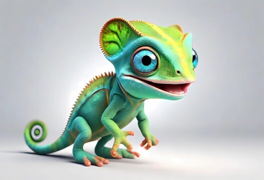 A Adorable 3d rendered cute happy smiling and joyful baby chameleon cartoon character on white backdrop