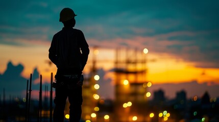 Fototapeta premium Silhouette Teams of Business Engineers looking for blueprints in construction sites through blurry construction sites at sunset.