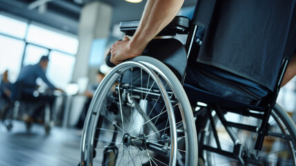 Obraz premium close-up of a person in a wheelchair in an office environment