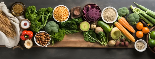 Abwaschbare Fototapete Wide view from above banner image of Vegetarian Day food banner with different types of vegetables and fruit items in a manner on black color wooden table mockup © Sudarshana