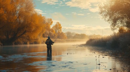 Fly fisherman fishing for Atlantic Salmon on the Margaree River in the fall. - obrazy, fototapety, plakaty