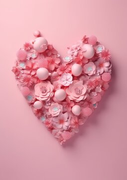 3d heart of roses and ballons on pink background