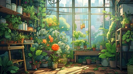 lofi plant garden, anime style
