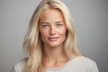 A serene young woman with flowing blonde hair and striking blue eyes offers a subtle, engaging smile against a neutral backdrop