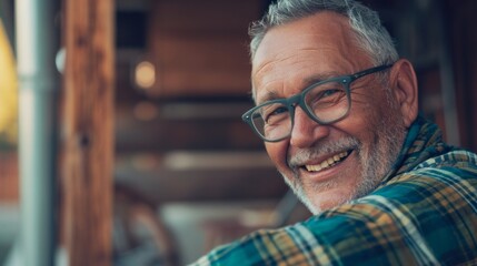 Close Up Portrait of a Cheerful Senior Man with Gray Hair Wearing Glasses Standing Outdoors in Front of a Residential Area Home. Retired Adult Man Looking at Camera and Smiling.