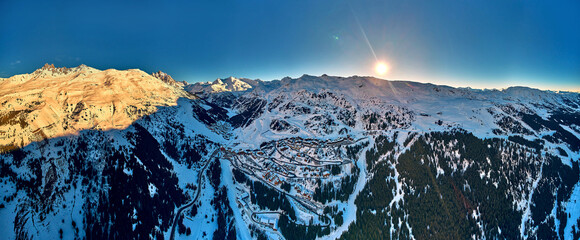 Breathtaking beautiful panoramic aerial view on Snow Alps - winter mountain peaks around French...