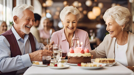 Senior couple celebrating a birthday with family in a restaurant