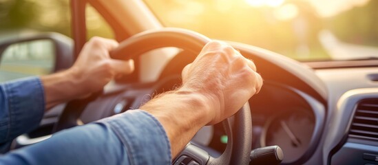 Driving with Confidence: Hands Firmly Gripping the Steering Wheel in a Car
