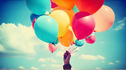 Hand holding multi colored balloons done with a retro vintage instagram filter effect.
