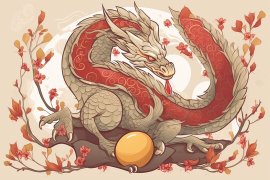 Red giant dragon vector illustration. Mythology creature portrait. Fantasy art. 
