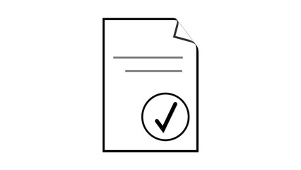 Minimalistic line drawing of a paper document icon with a tick mark circle emblem on white background.