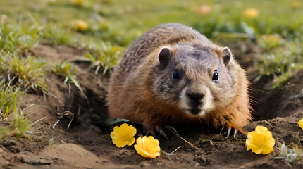 Naklejka premium the groundhog crawled out of the hole, spring came groundhog day.