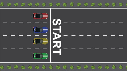 top view flat cartoon of race car vehicle with track racing start and finish line point
