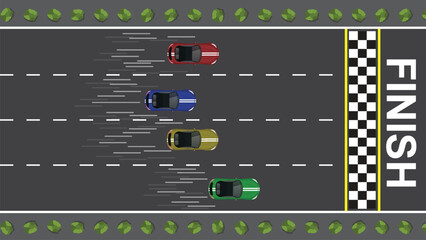 top view flat cartoon of race car vehicle with track racing start and finish line point