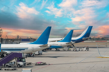 Fototapeta na wymiar Airplane tail view at sunset at the airport.