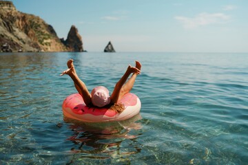 Summer vacation woman in hat floats on an inflatable donut mattress. Happy woman relaxing and enjoying family summer travel holidays travel on the sea.