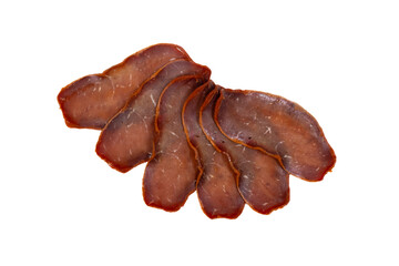 Turkish Bacon Called Pastirma. Close Up top View Shot on White Background, Isolated.