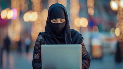 A Muslim woman in a niqab uses a laptop, blending modernity and tradition. Arabian businesswoman in niqab or black garment (abaya) works on a laptop
