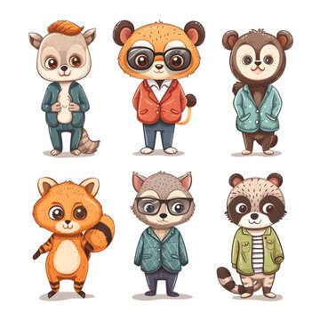 Cartoon animals dressed in stylish outfits isolated on white background, simple style, png
