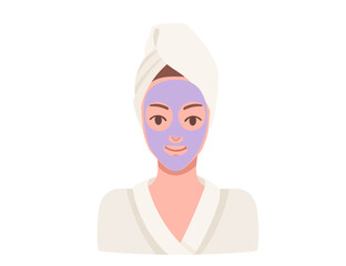 Woman getting spa treatment with purple skin mask on face vector illustration isolated on white background