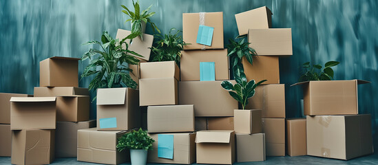 Lots of cartons and boxes stacked along the wall with several plants on top. Moving in or out, relocation services, storage facilities. home or office space