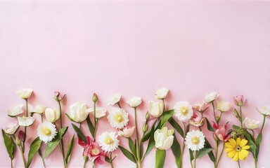 Creative composition with spring flowers. Beautiful white flowers on pastel pink and yellow background