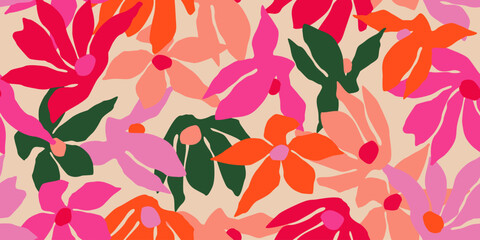 Exotic hand drawn flowers, seamless patterns with floral for fabric, textiles, clothing, wrapping paper, cover, banner, home decor, abstract backgrounds. Vector illustration.