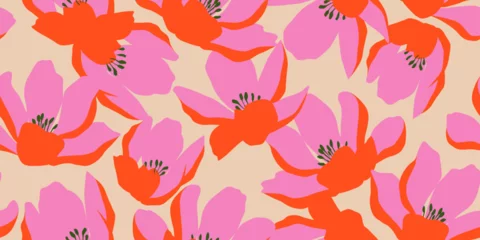 Schilderijen op glas Geschilderde Bloemen Exotic hand drawn flowers, seamless patterns with floral for fabric, textiles, clothing, wrapping paper, cover, banner, home decor, abstract backgrounds. Vector illustration.  © Udomdech