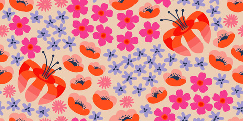 Exotic hand drawn flowers, seamless patterns with floral for fabric, textiles, clothing, wrapping paper, cover, banner, home decor, abstract backgrounds. Vector illustration.