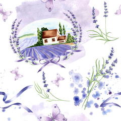 Seamless pattern with landscape Provence, bouquet of lavender flowers and butterfly. Watercolor hand drawn illustration background with floral plants. Template for fabric, wallpaper, scrapbooking.
