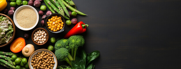 Wide view from above banner image of Vegetarian Day food banner with different types of vegetables and fruit items in a manner on black color wooden table mockup - obrazy, fototapety, plakaty