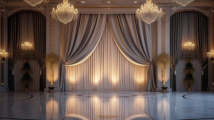 3D rendering of a classic interior with curtains and a stage.