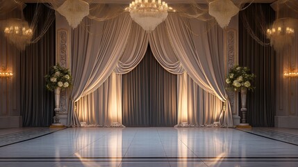 3D rendering of a classic interior with curtains and a stage.