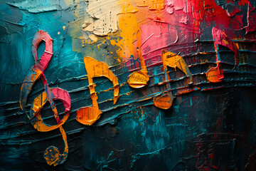 Music notes and icons add up to melody on abstract colorful painted background. Musical concept banner.