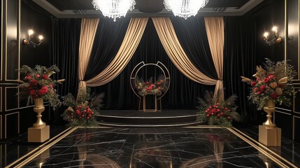 3D rendering of a classic interior with curtains and a stage.