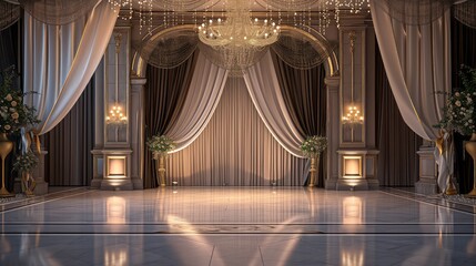 3D rendering of a classic interior with curtains and a stage.