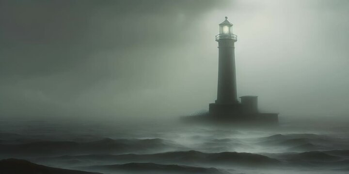 Lighthouse in fog against a stormy sea. The concept of solitude and contemplation.