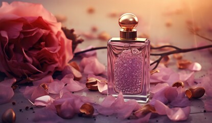 Obraz na płótnie Canvas The delicate arrangement of a pink eau de toilette bottle and blossoming flowers against a pink backdrop conveys the essence of a fresh perfume aroma and feminine allure.