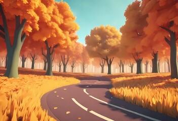Autumn landscape background with trees cartoon style, 3d rendering illustration