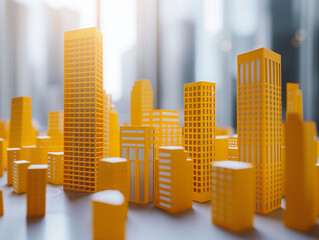 A realistic image of an architectural model of square yellow skyscrapers. Present the modern metropolis. 