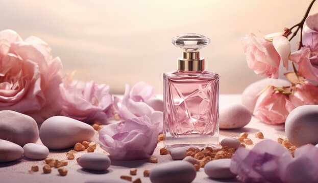 The delicate arrangement of a pink eau de toilette bottle and blossoming flowers against a pink backdrop conveys the essence of a fresh perfume aroma and feminine allure.