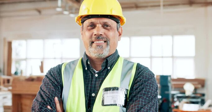 Face, senior engineer and happy man with arms crossed in woodwork workshop. Portrait, smile and confident professional architect, contractor or supervisor in helmet at factory for carpentry in Brazil