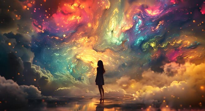 Silhouette of a girl against a cosmic nebula with vibrant colors. Space and dream concept.