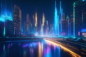 Holographic waves shimmering in a futuristic cityscape